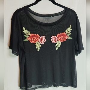 Floral Embroidered Black Sheer Top